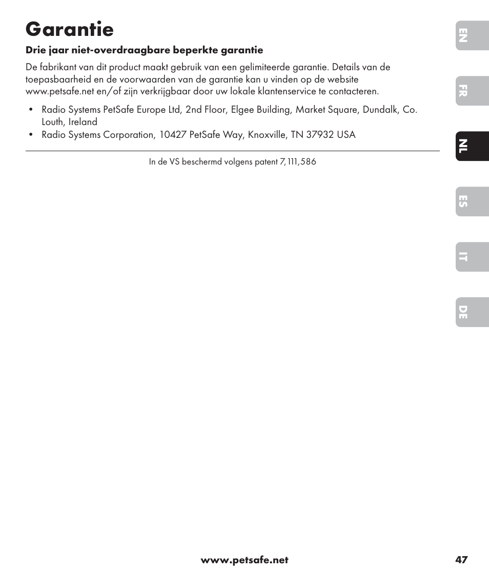Garantie | Petsafe SPT-85 Spray Commander™, 85 m Basic Remote Spray Trainer User Manual | Page 47 / 96