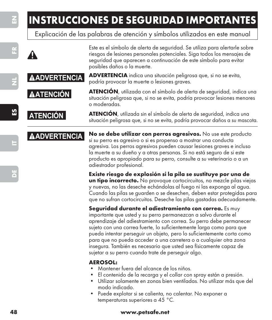 Instrucciones de seguridad importantes | Petsafe SPT-85 Spray Commander™, 85 m Basic Remote Spray Trainer User Manual | Page 48 / 96
