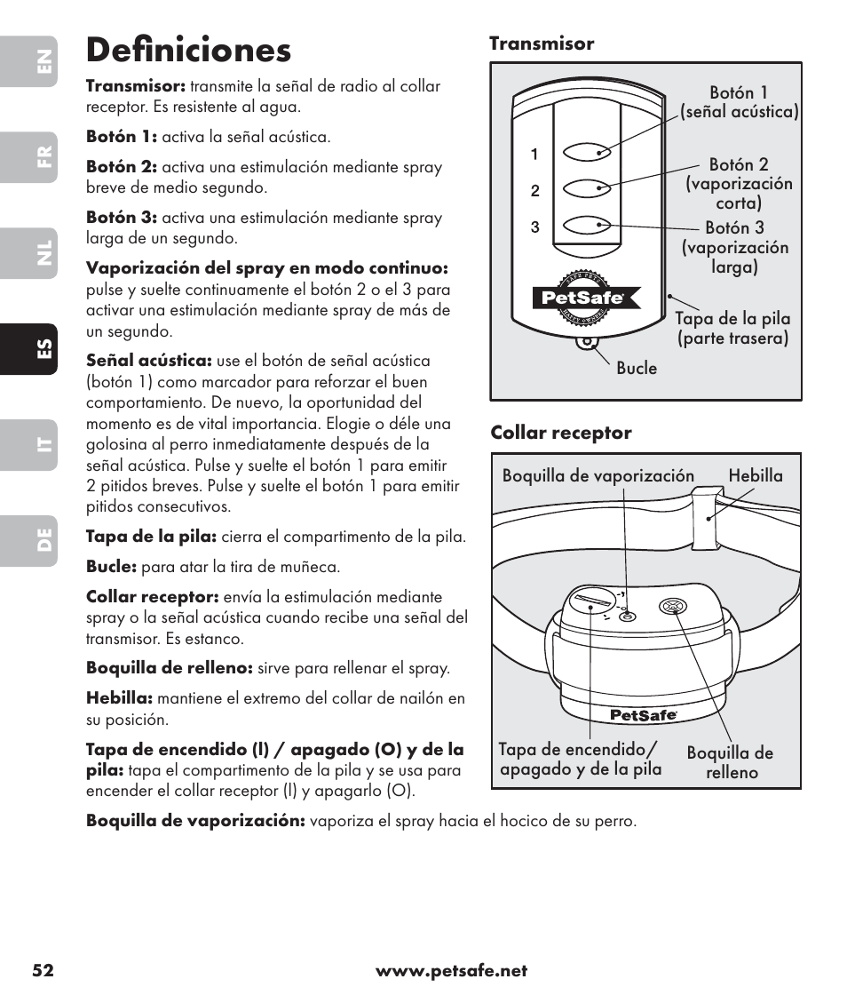Definiciones | Petsafe SPT-85 Spray Commander™, 85 m Basic Remote Spray Trainer User Manual | Page 52 / 96