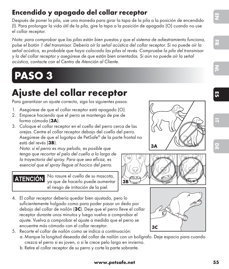 Paso 3, Ajuste del collar receptor, Encendido y apagado del collar receptor | Petsafe SPT-85 Spray Commander™, 85 m Basic Remote Spray Trainer User Manual | Page 55 / 96