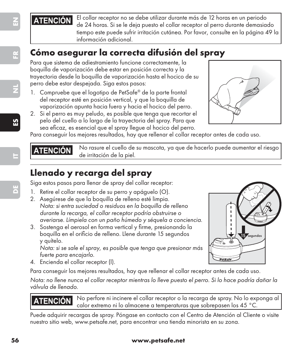 Cómo asegurar la correcta difusión del spray, Llenado y recarga del spray | Petsafe SPT-85 Spray Commander™, 85 m Basic Remote Spray Trainer User Manual | Page 56 / 96