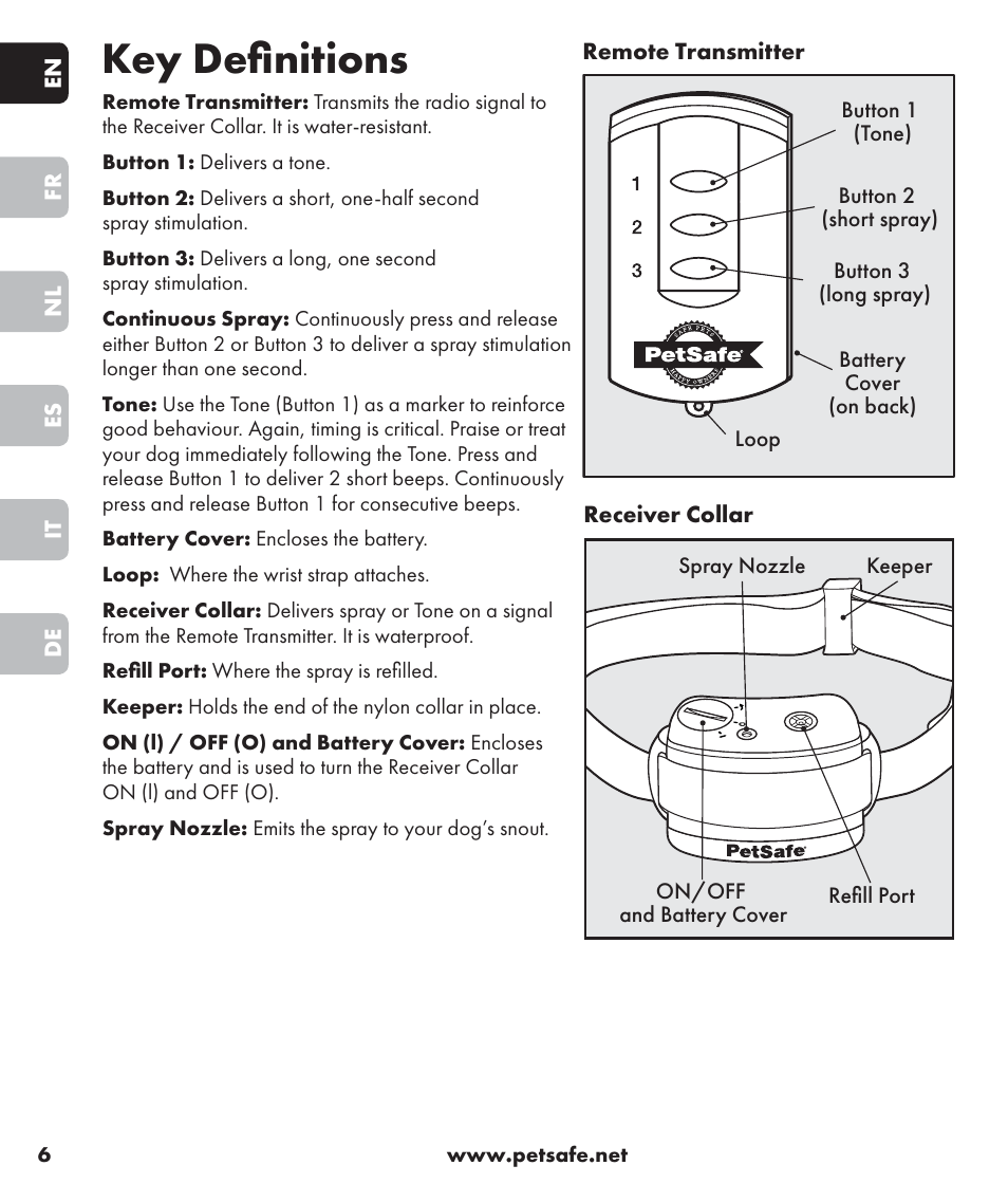 Key definitions | Petsafe SPT-85 Spray Commander™, 85 m Basic Remote Spray Trainer User Manual | Page 6 / 96