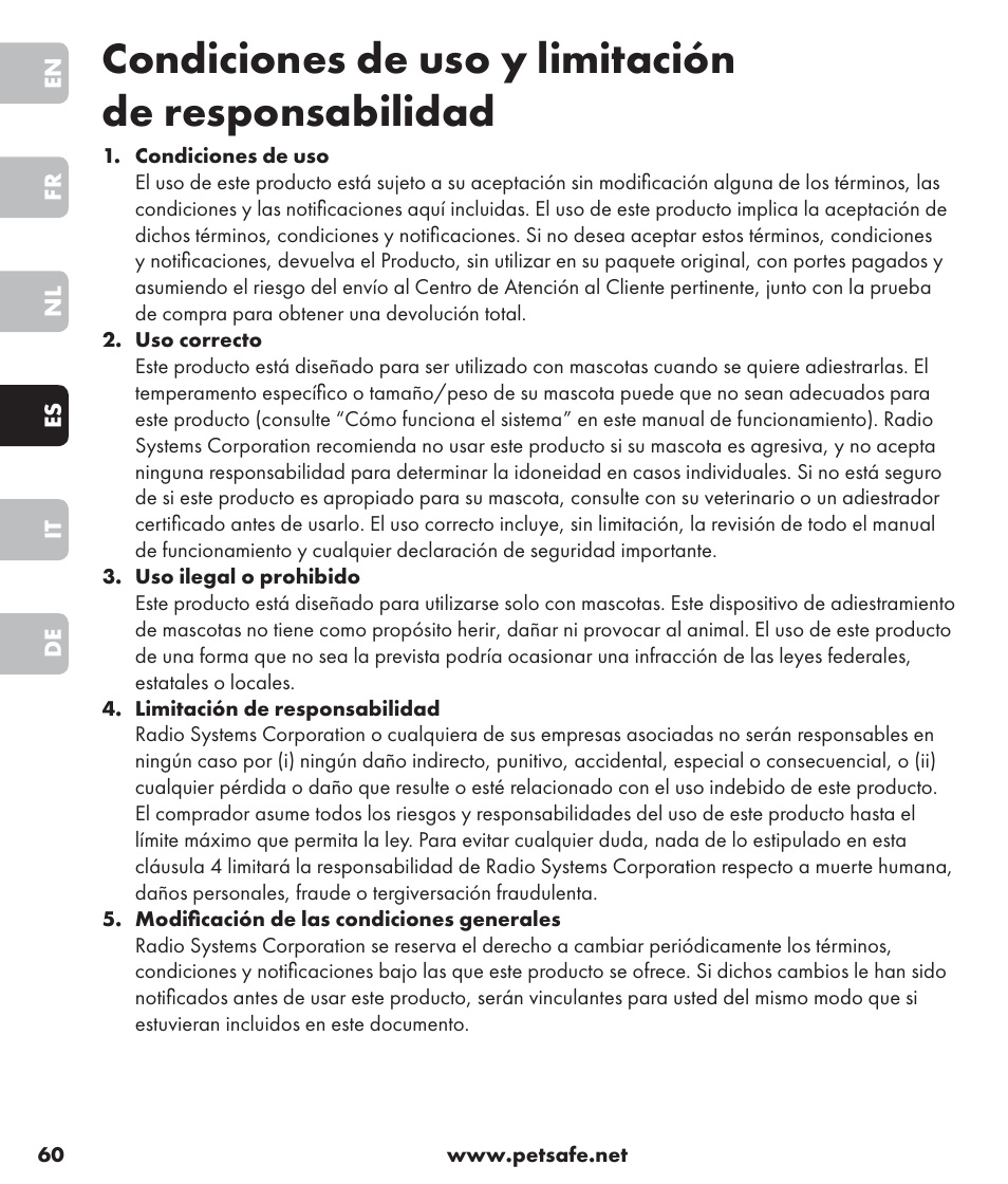 Condiciones de uso y limitación de responsabilidad | Petsafe SPT-85 Spray Commander™, 85 m Basic Remote Spray Trainer User Manual | Page 60 / 96