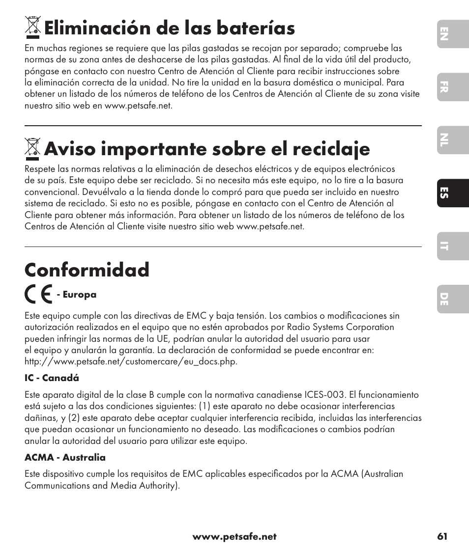 Eliminación de las baterías, Aviso importante sobre el reciclaje, Conformidad | Petsafe SPT-85 Spray Commander™, 85 m Basic Remote Spray Trainer User Manual | Page 61 / 96