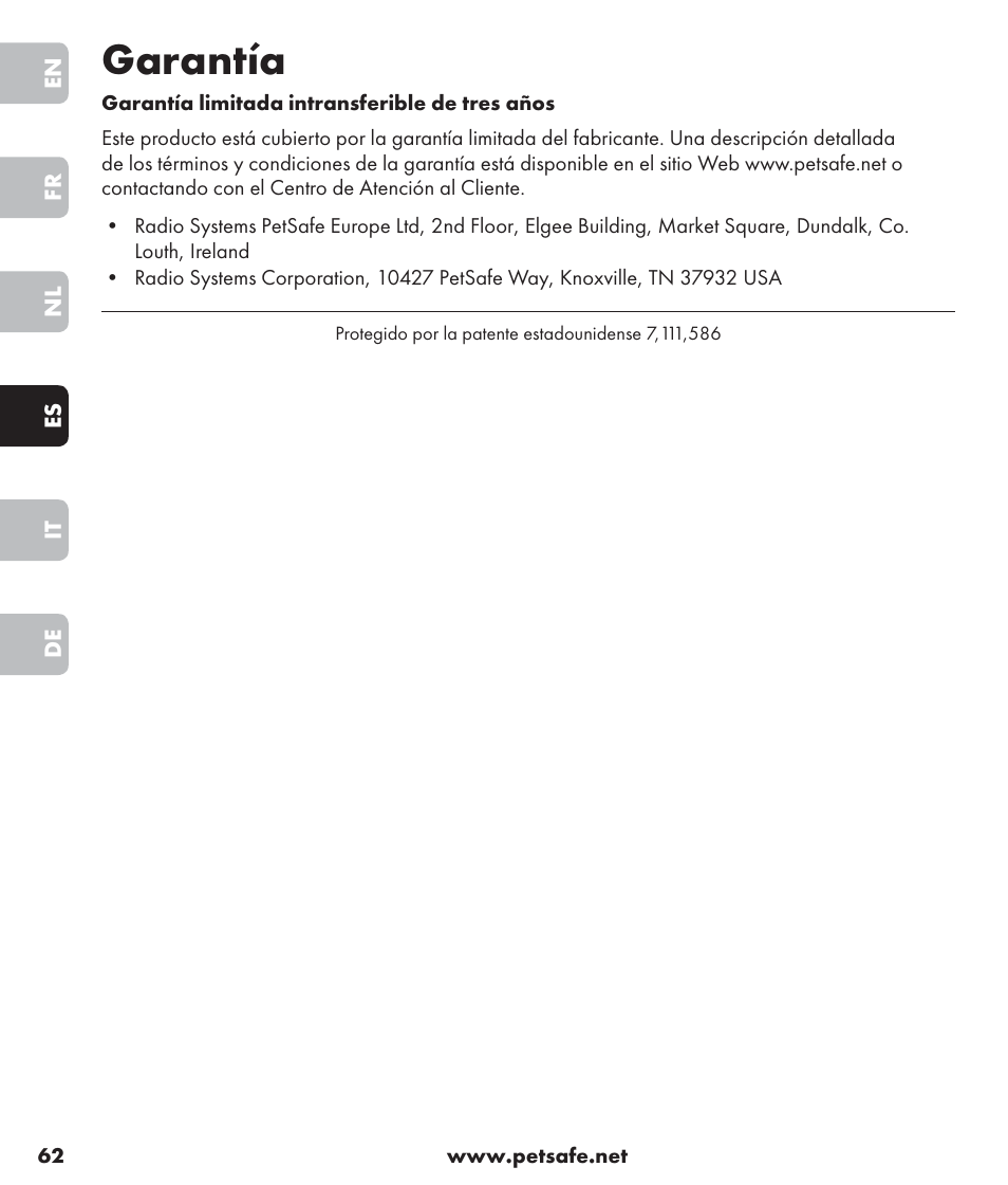 Garantía | Petsafe SPT-85 Spray Commander™, 85 m Basic Remote Spray Trainer User Manual | Page 62 / 96