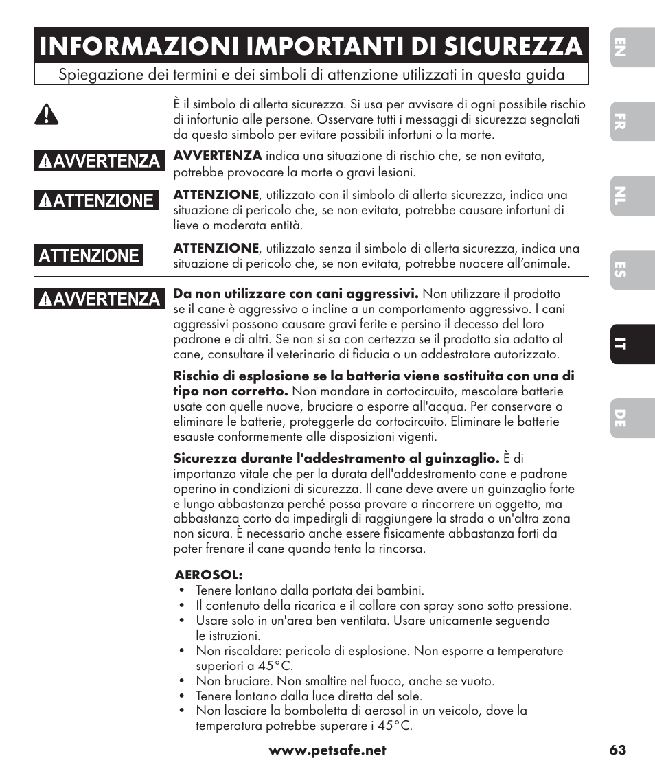 Informazioni importanti di sicurezza | Petsafe SPT-85 Spray Commander™, 85 m Basic Remote Spray Trainer User Manual | Page 63 / 96