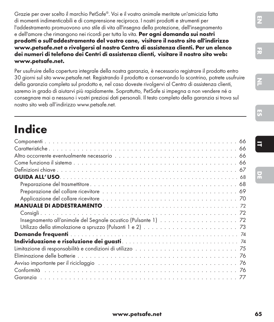 Indice | Petsafe SPT-85 Spray Commander™, 85 m Basic Remote Spray Trainer User Manual | Page 65 / 96