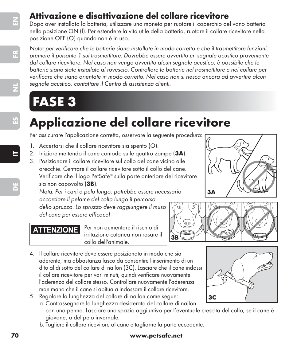 Fase 3, Applicazione del collare ricevitore | Petsafe SPT-85 Spray Commander™, 85 m Basic Remote Spray Trainer User Manual | Page 70 / 96