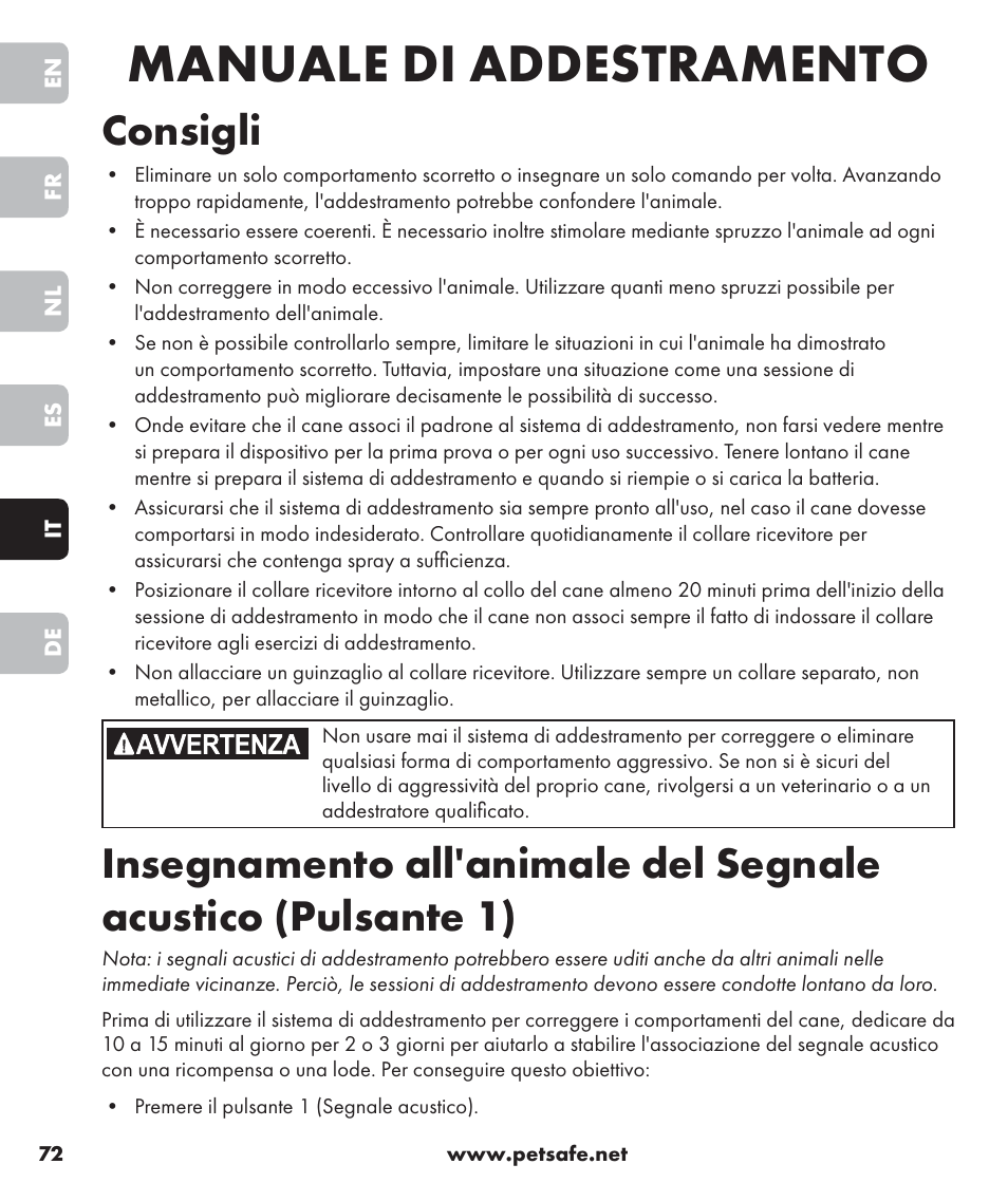 Manuale di addestramento, Consigli | Petsafe SPT-85 Spray Commander™, 85 m Basic Remote Spray Trainer User Manual | Page 72 / 96