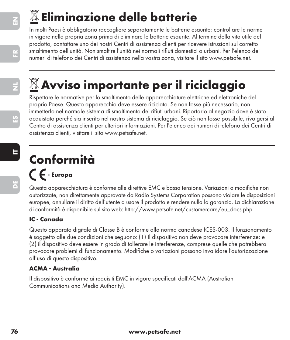 Eliminazione delle batterie, Avviso importante per il riciclaggio, Conformità | Petsafe SPT-85 Spray Commander™, 85 m Basic Remote Spray Trainer User Manual | Page 76 / 96