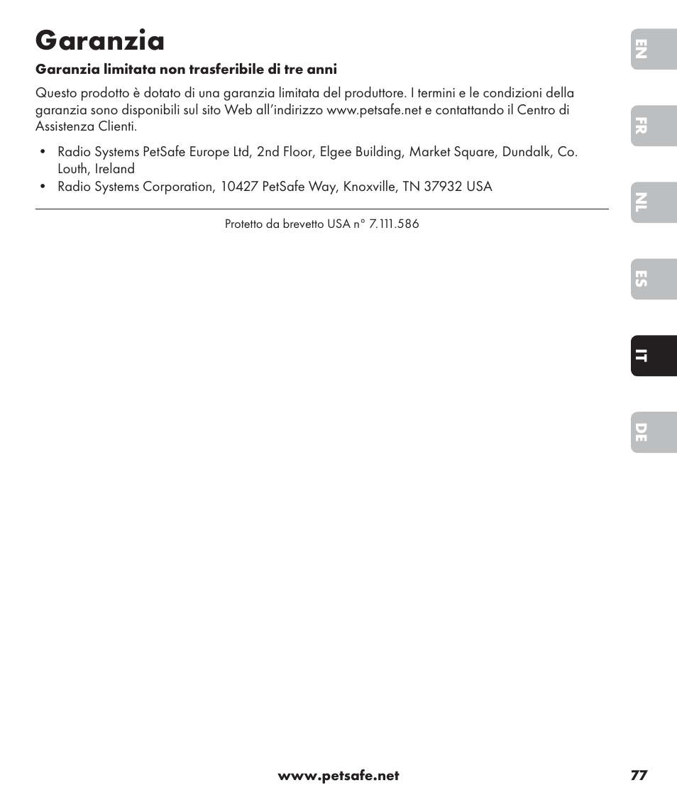 Garanzia | Petsafe SPT-85 Spray Commander™, 85 m Basic Remote Spray Trainer User Manual | Page 77 / 96
