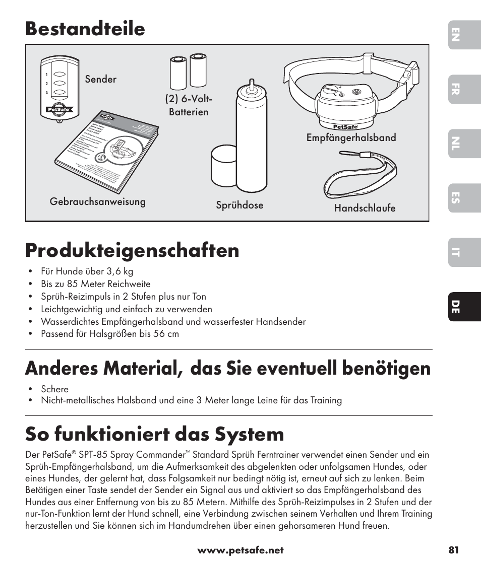 Bestandteile, Produkteigenschaften, Anderes material, das sie eventuell benötigen | So funktioniert das system | Petsafe SPT-85 Spray Commander™, 85 m Basic Remote Spray Trainer User Manual | Page 81 / 96