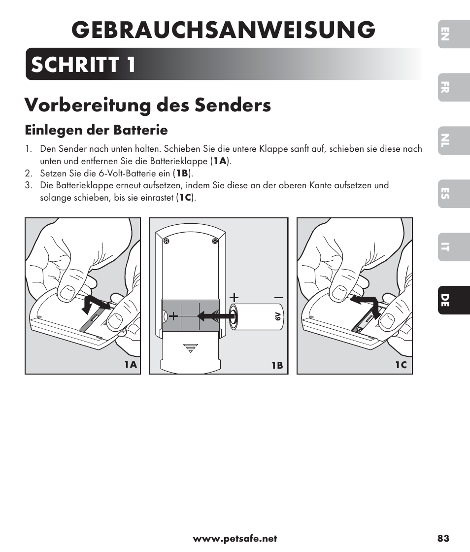 Gebrauchsanweisung, Schritt 1, Vorbereitung des senders | Einlegen der batterie | Petsafe SPT-85 Spray Commander™, 85 m Basic Remote Spray Trainer User Manual | Page 83 / 96