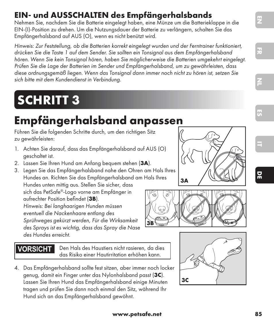 Schritt 3, Empfängerhalsband anpassen, Ein- und ausschalten des empfängerhalsbands | Petsafe SPT-85 Spray Commander™, 85 m Basic Remote Spray Trainer User Manual | Page 85 / 96