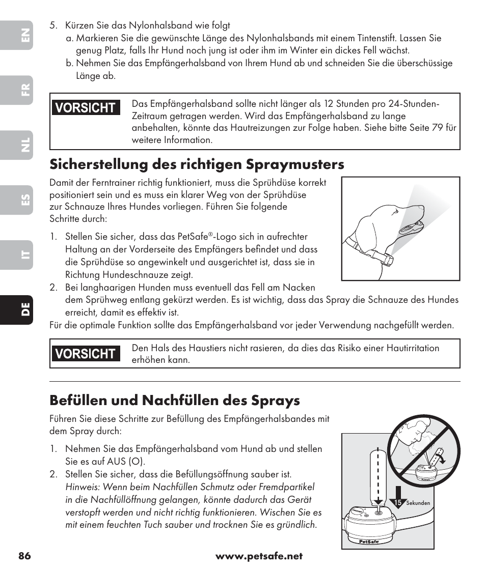 Sicherstellung des richtigen spraymusters, Befüllen und nachfüllen des sprays | Petsafe SPT-85 Spray Commander™, 85 m Basic Remote Spray Trainer User Manual | Page 86 / 96