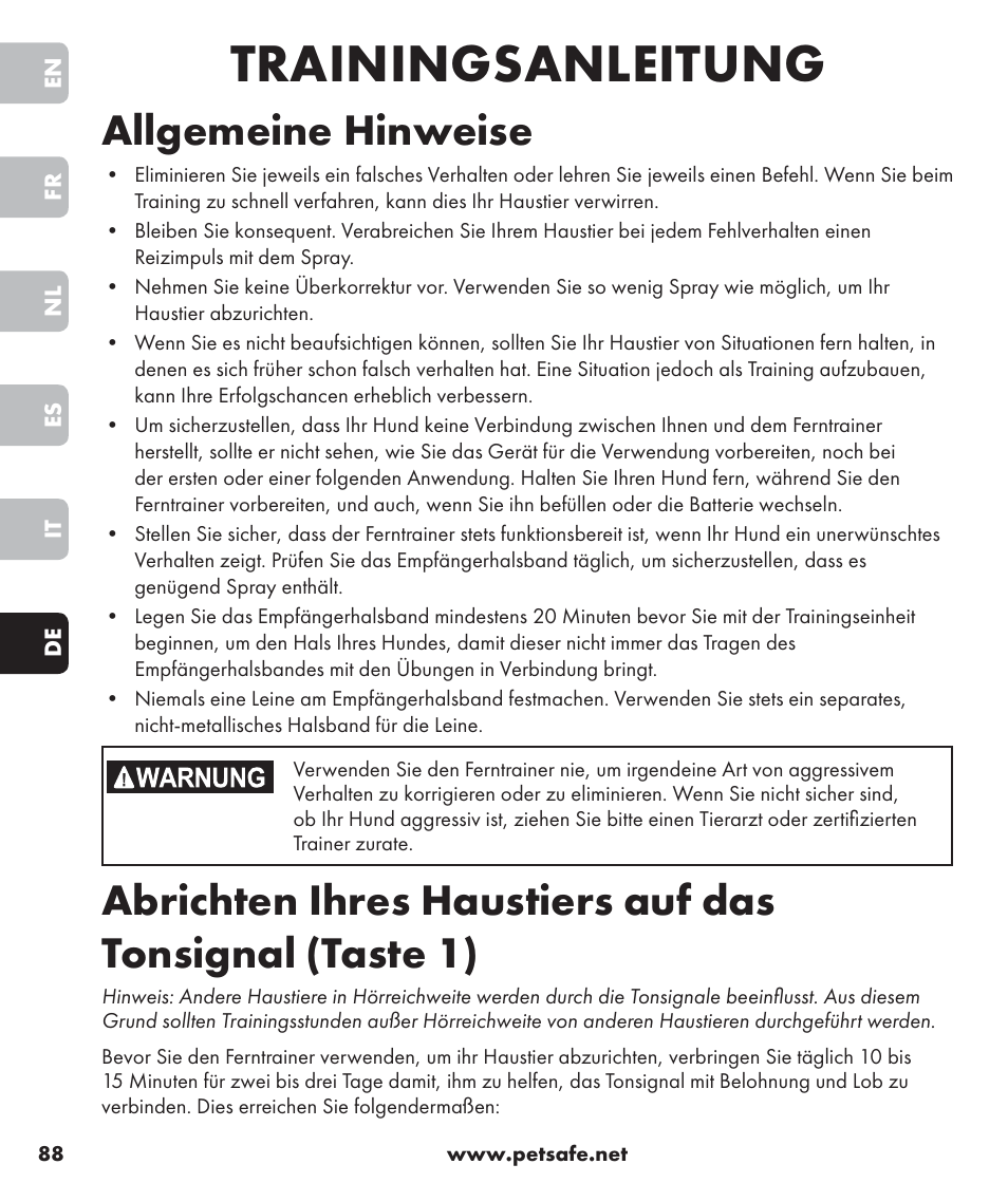 Trainingsanleitung, Allgemeine hinweise | Petsafe SPT-85 Spray Commander™, 85 m Basic Remote Spray Trainer User Manual | Page 88 / 96