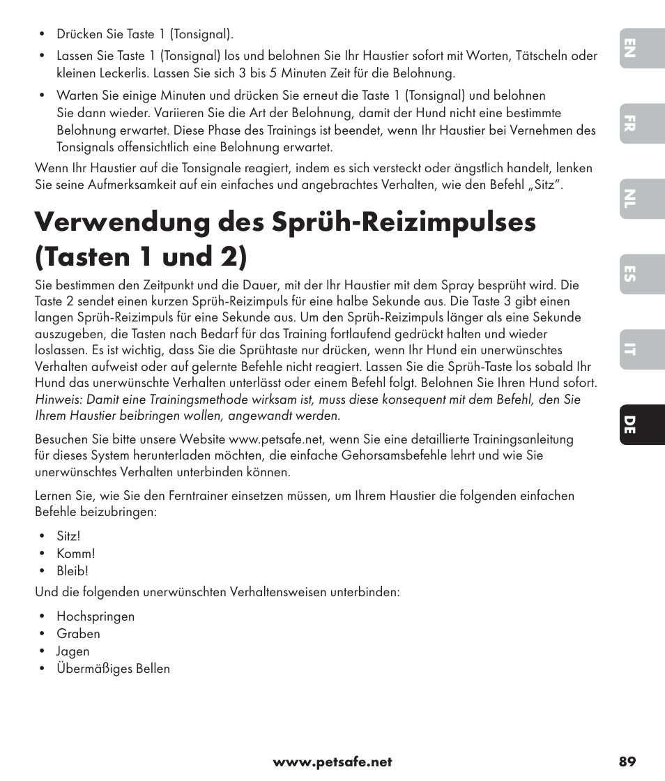 Verwendung des sprüh-reizimpulses (tasten 1 und 2) | Petsafe SPT-85 Spray Commander™, 85 m Basic Remote Spray Trainer User Manual | Page 89 / 96