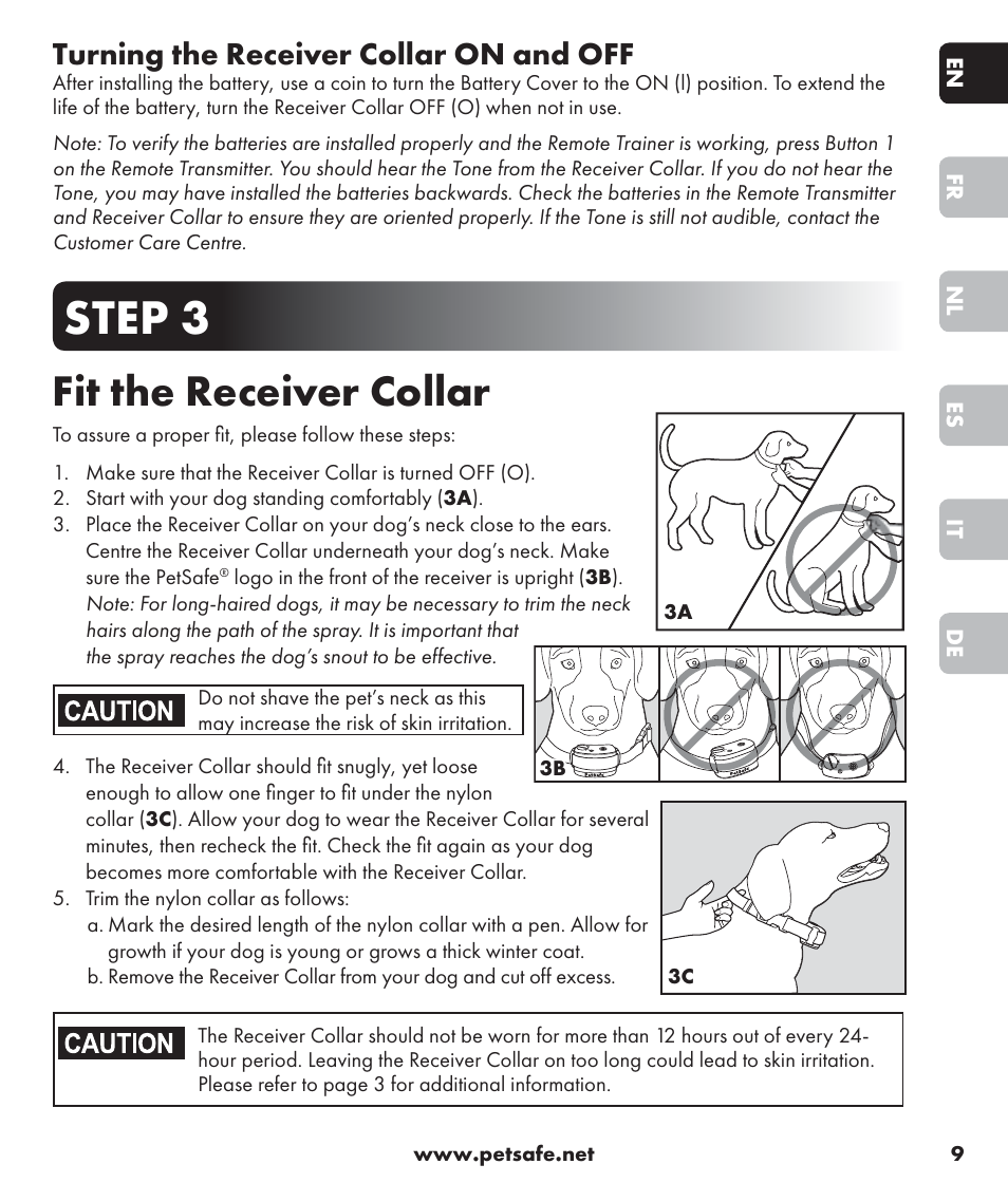 Step 3, Fit the receiver collar, Turning the receiver collar on and off | Petsafe SPT-85 Spray Commander™, 85 m Basic Remote Spray Trainer User Manual | Page 9 / 96