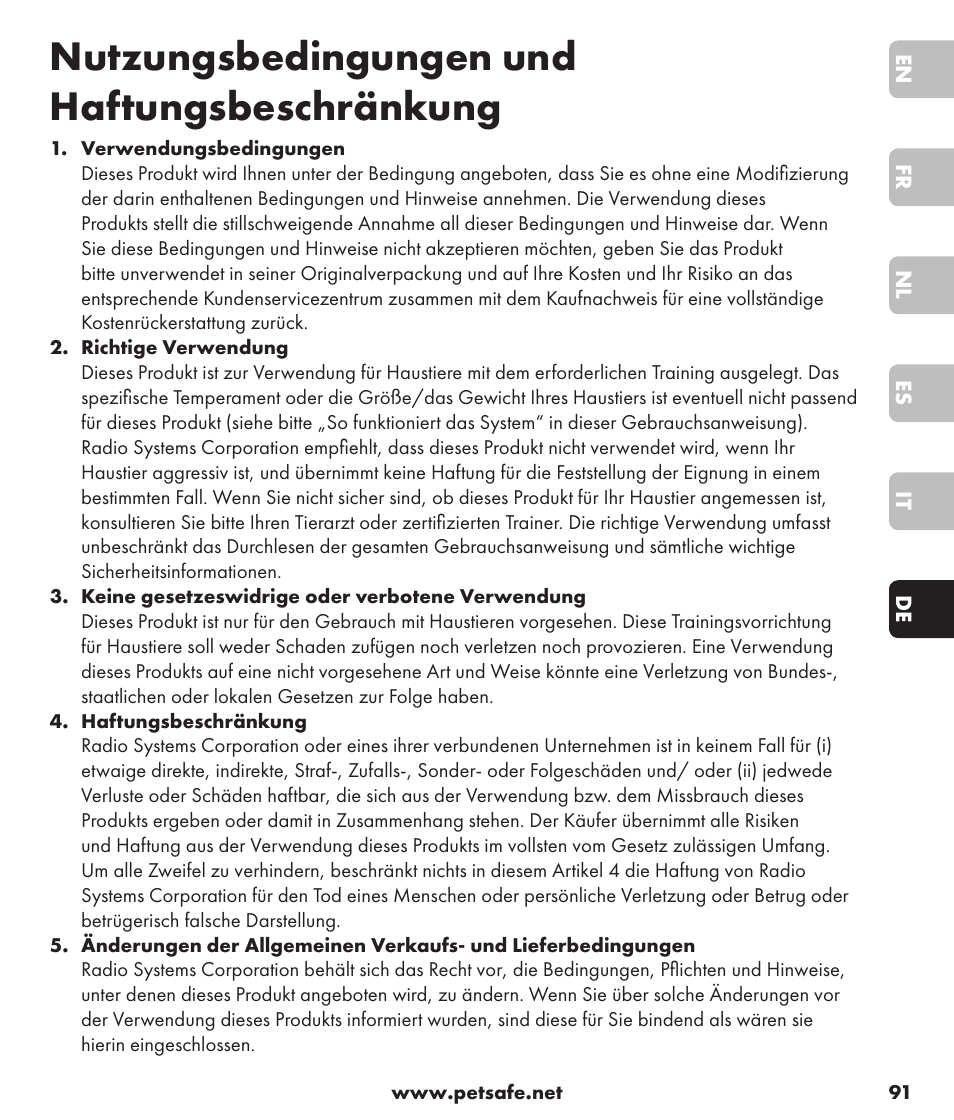 Nutzungsbedingungen und haftungsbeschränkung | Petsafe SPT-85 Spray Commander™, 85 m Basic Remote Spray Trainer User Manual | Page 91 / 96