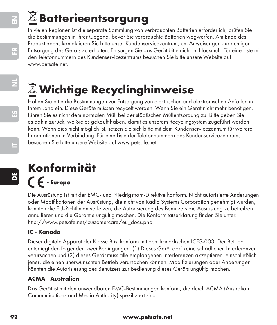 Batterieentsorgung, Wichtige recyclinghinweise, Konformität | Petsafe SPT-85 Spray Commander™, 85 m Basic Remote Spray Trainer User Manual | Page 92 / 96