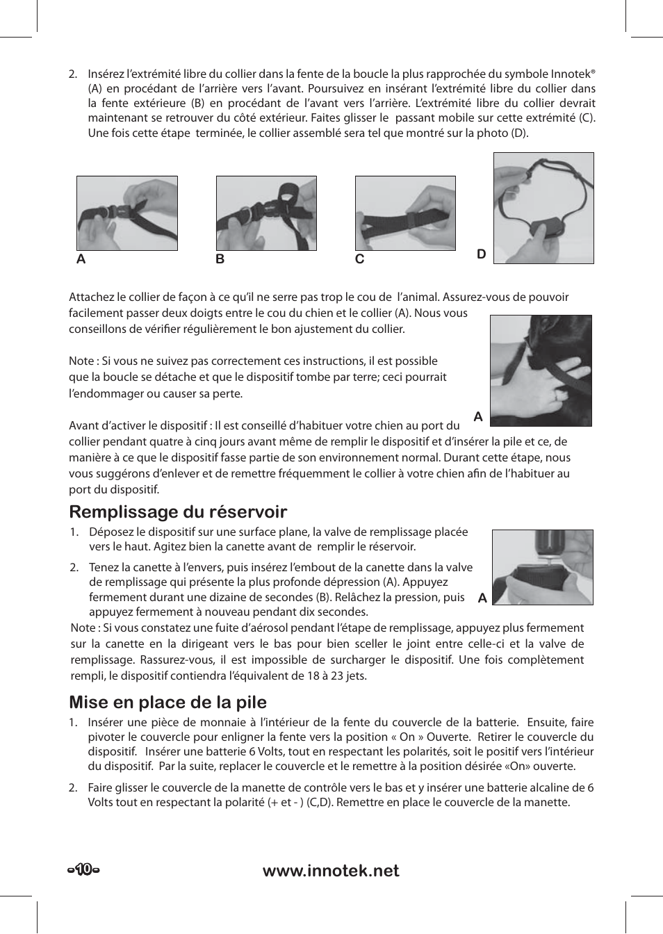 Mise en place de la pile, Remplissage du réservoir | Petsafe SPT-85 Spray Commander™, 85 m Basic Remote Spray Trainer User Manual | Page 10 / 48
