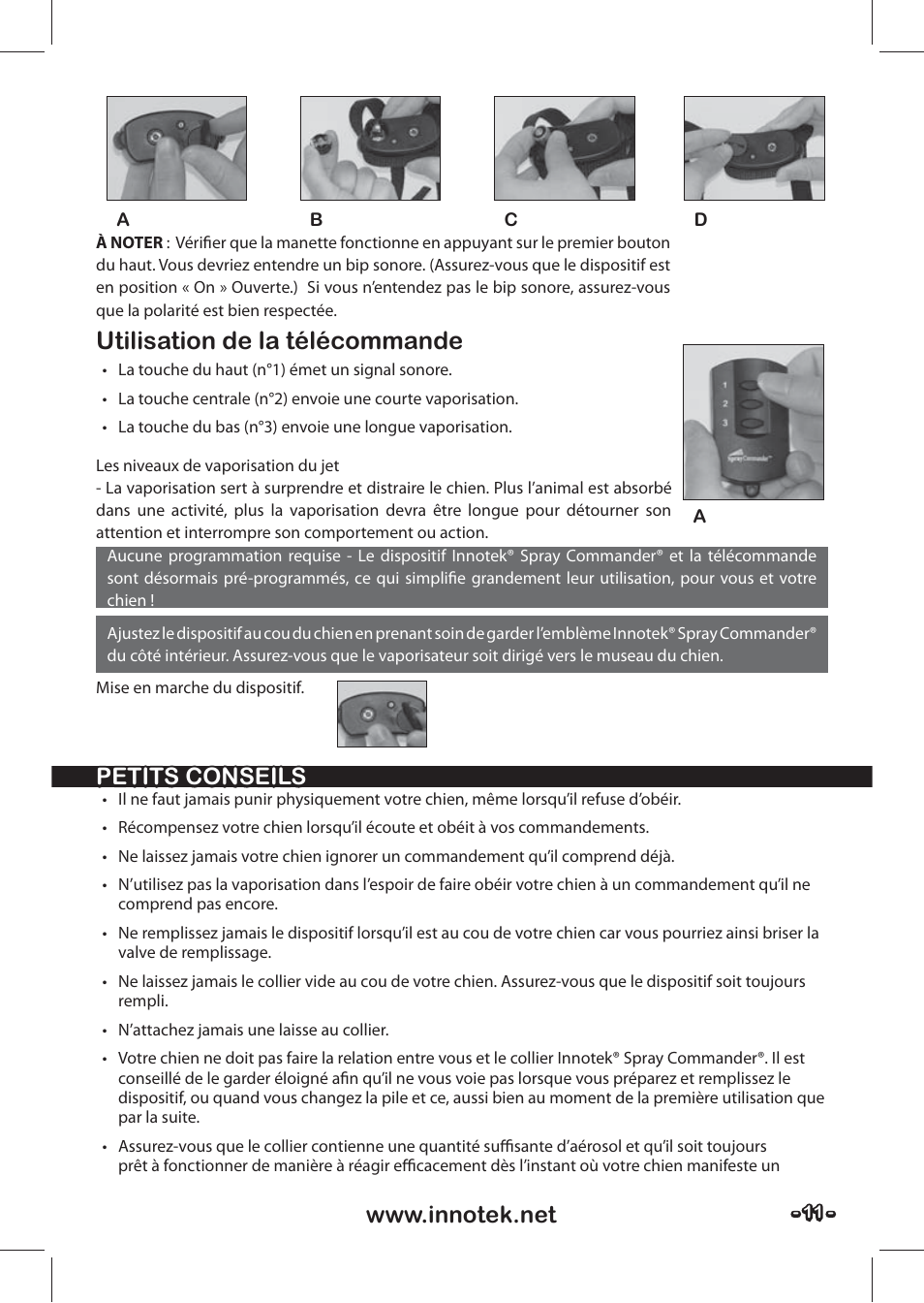 Utilisation de la télécommande, Petits conseils | Petsafe SPT-85 Spray Commander™, 85 m Basic Remote Spray Trainer User Manual | Page 11 / 48