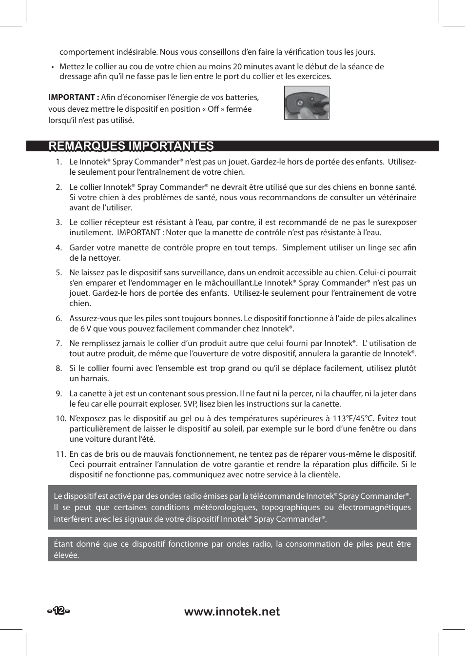 Remarques importantes | Petsafe SPT-85 Spray Commander™, 85 m Basic Remote Spray Trainer User Manual | Page 12 / 48
