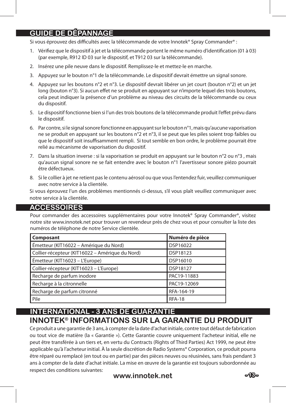 Informations sur la garantie du produit, International - 3 ans de guarantie, Accessoires | Petsafe SPT-85 Spray Commander™, 85 m Basic Remote Spray Trainer User Manual | Page 13 / 48
