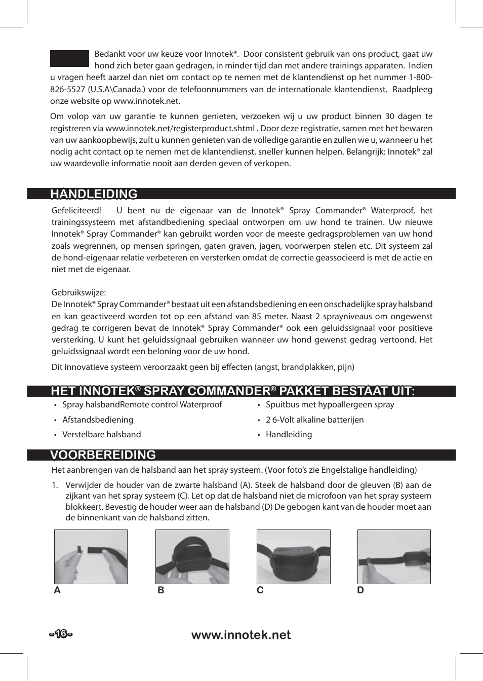 Dutch, Handleiding, Spray commander | Pakket bestaat uit, Pakket bestaat uit: voorbereiding voorbereiding | Petsafe SPT-85 Spray Commander™, 85 m Basic Remote Spray Trainer User Manual | Page 16 / 48