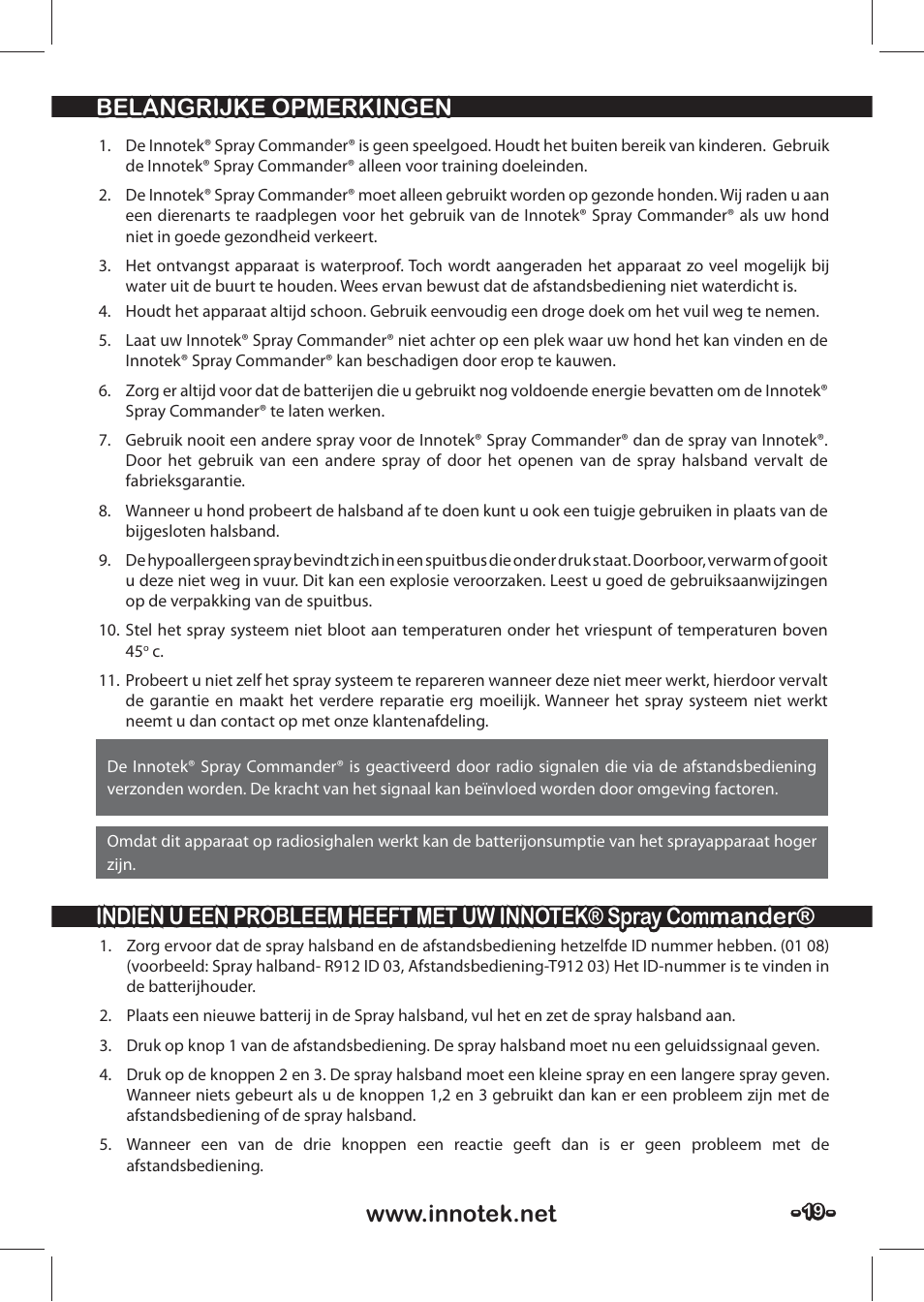 Petsafe SPT-85 Spray Commander™, 85 m Basic Remote Spray Trainer User Manual | Page 19 / 48