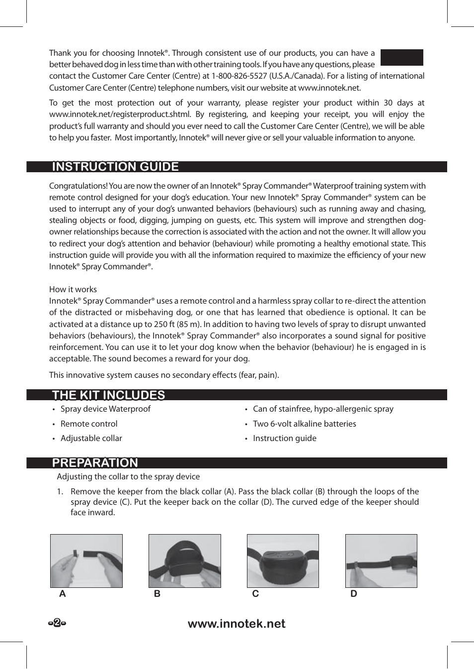 English, Instruction guide | Petsafe SPT-85 Spray Commander™, 85 m Basic Remote Spray Trainer User Manual | Page 2 / 48