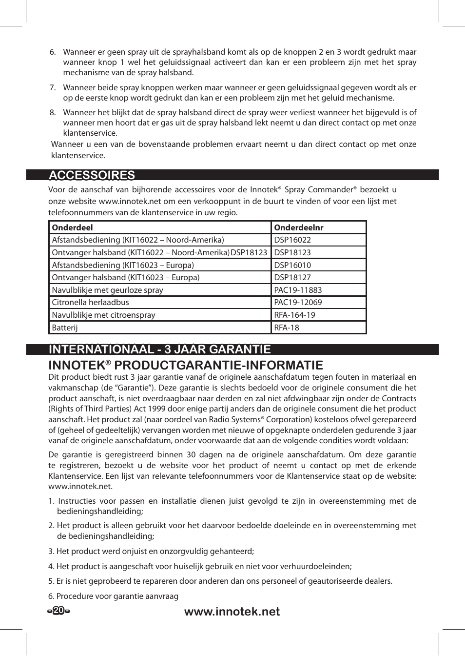 Productgarantie-informatie, Accessoires, Internationaal - 3 jaar garantie | Petsafe SPT-85 Spray Commander™, 85 m Basic Remote Spray Trainer User Manual | Page 20 / 48