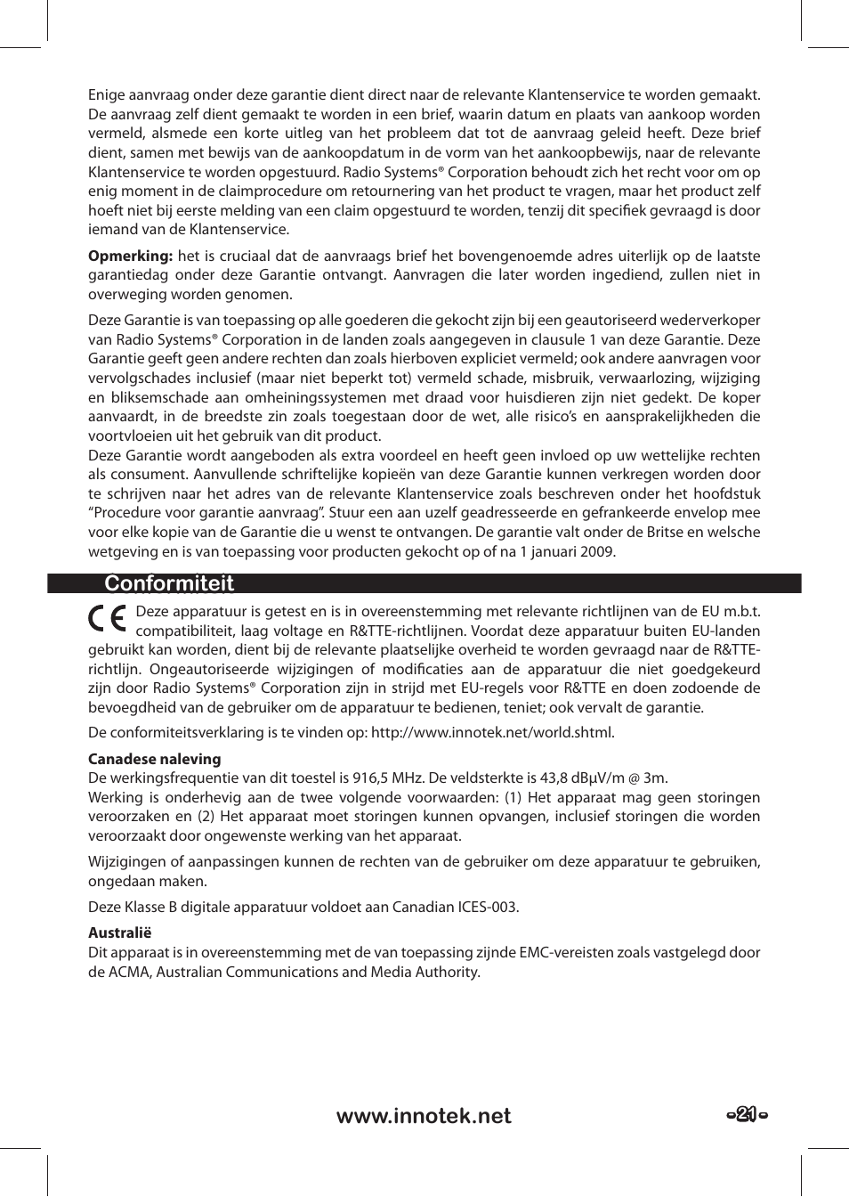 Conformiteit | Petsafe SPT-85 Spray Commander™, 85 m Basic Remote Spray Trainer User Manual | Page 21 / 48