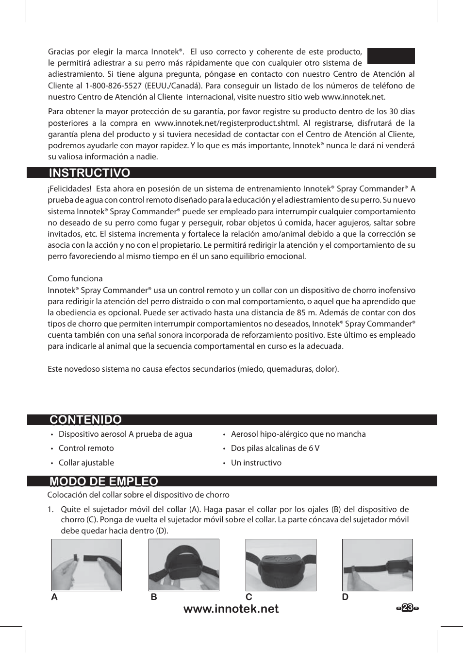 Español, Instructivo | Petsafe SPT-85 Spray Commander™, 85 m Basic Remote Spray Trainer User Manual | Page 23 / 48