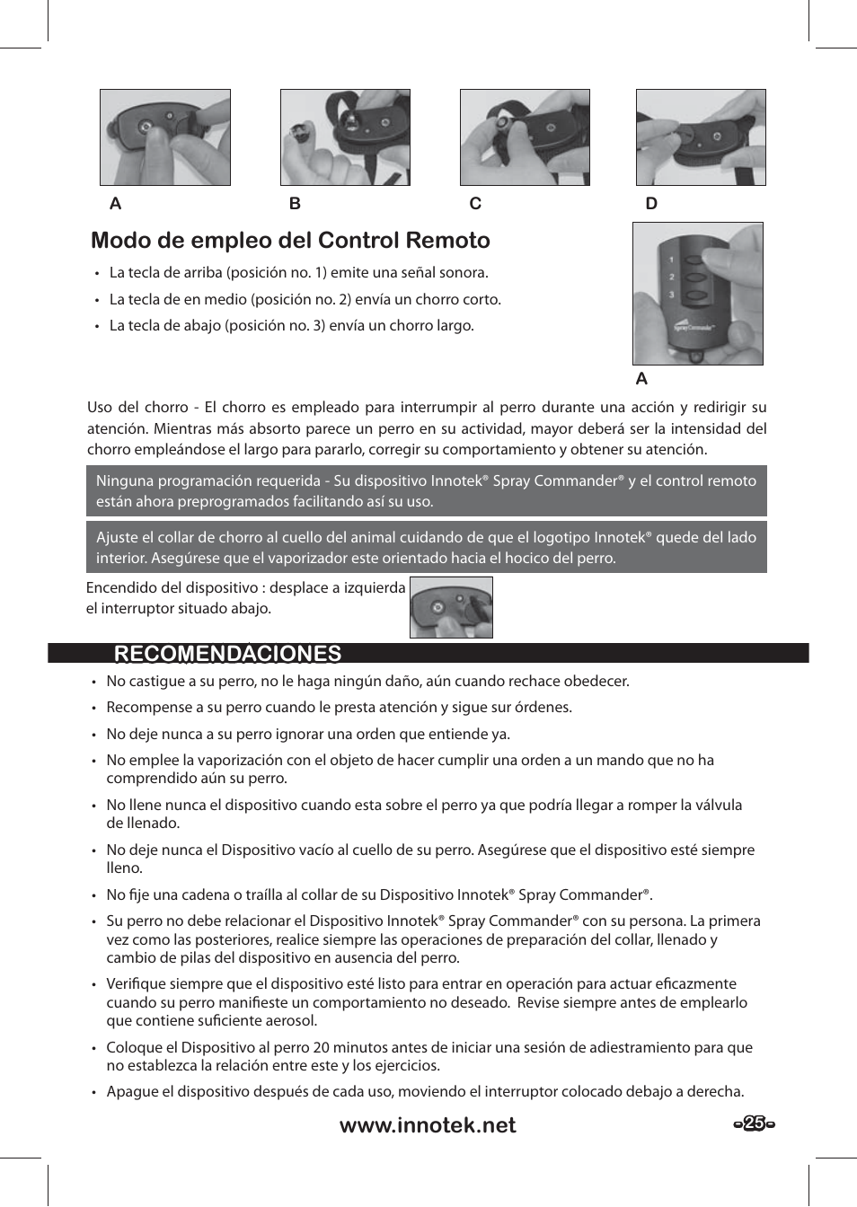 Modo de empleo del control remoto | Petsafe SPT-85 Spray Commander™, 85 m Basic Remote Spray Trainer User Manual | Page 25 / 48