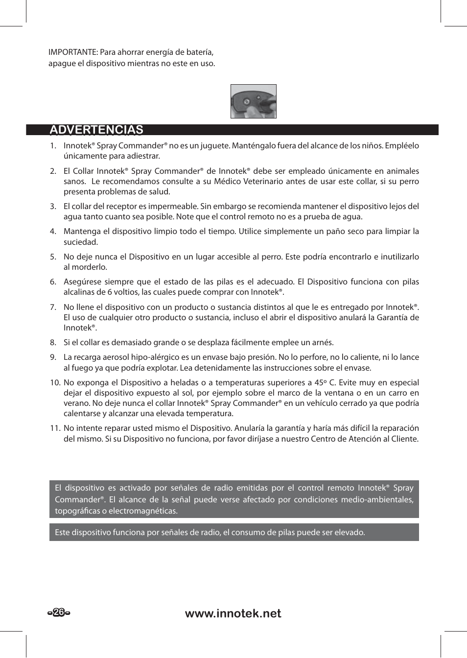 Advertencias | Petsafe SPT-85 Spray Commander™, 85 m Basic Remote Spray Trainer User Manual | Page 26 / 48