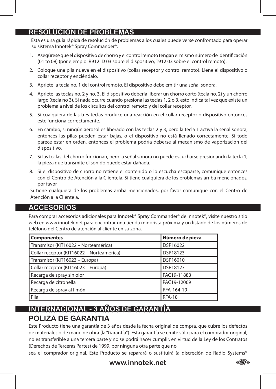 Poliza de garantia | Petsafe SPT-85 Spray Commander™, 85 m Basic Remote Spray Trainer User Manual | Page 27 / 48