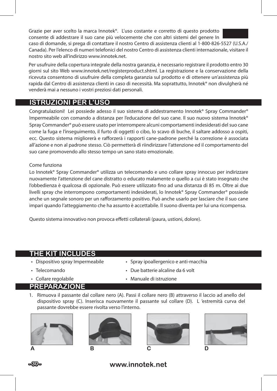 Italiano, Istruzioni per l’uso | Petsafe SPT-85 Spray Commander™, 85 m Basic Remote Spray Trainer User Manual | Page 30 / 48