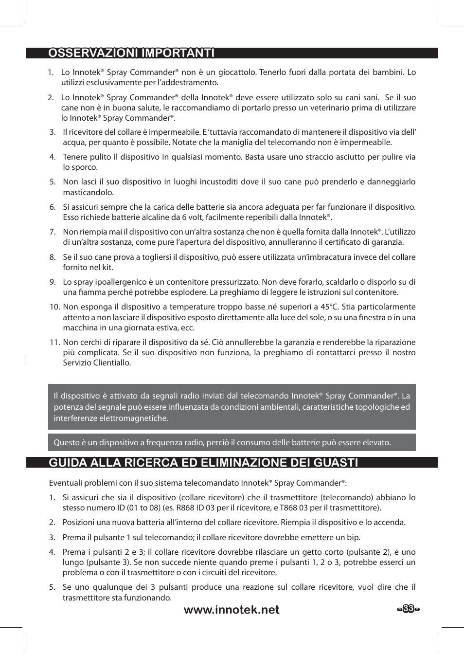 Osservazioni importanti, Le regole da seguire | Petsafe SPT-85 Spray Commander™, 85 m Basic Remote Spray Trainer User Manual | Page 33 / 48
