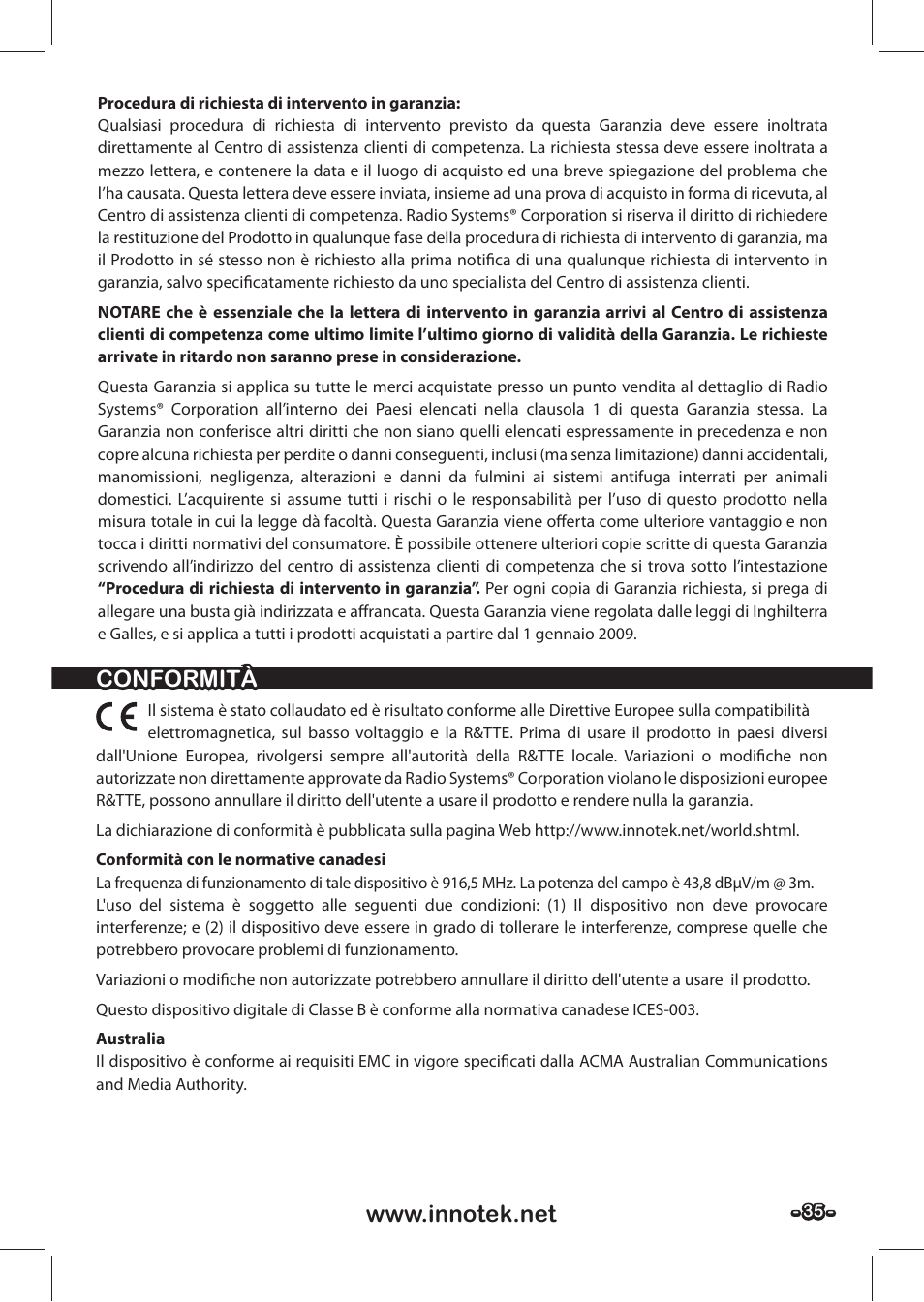 Conformità | Petsafe SPT-85 Spray Commander™, 85 m Basic Remote Spray Trainer User Manual | Page 35 / 48
