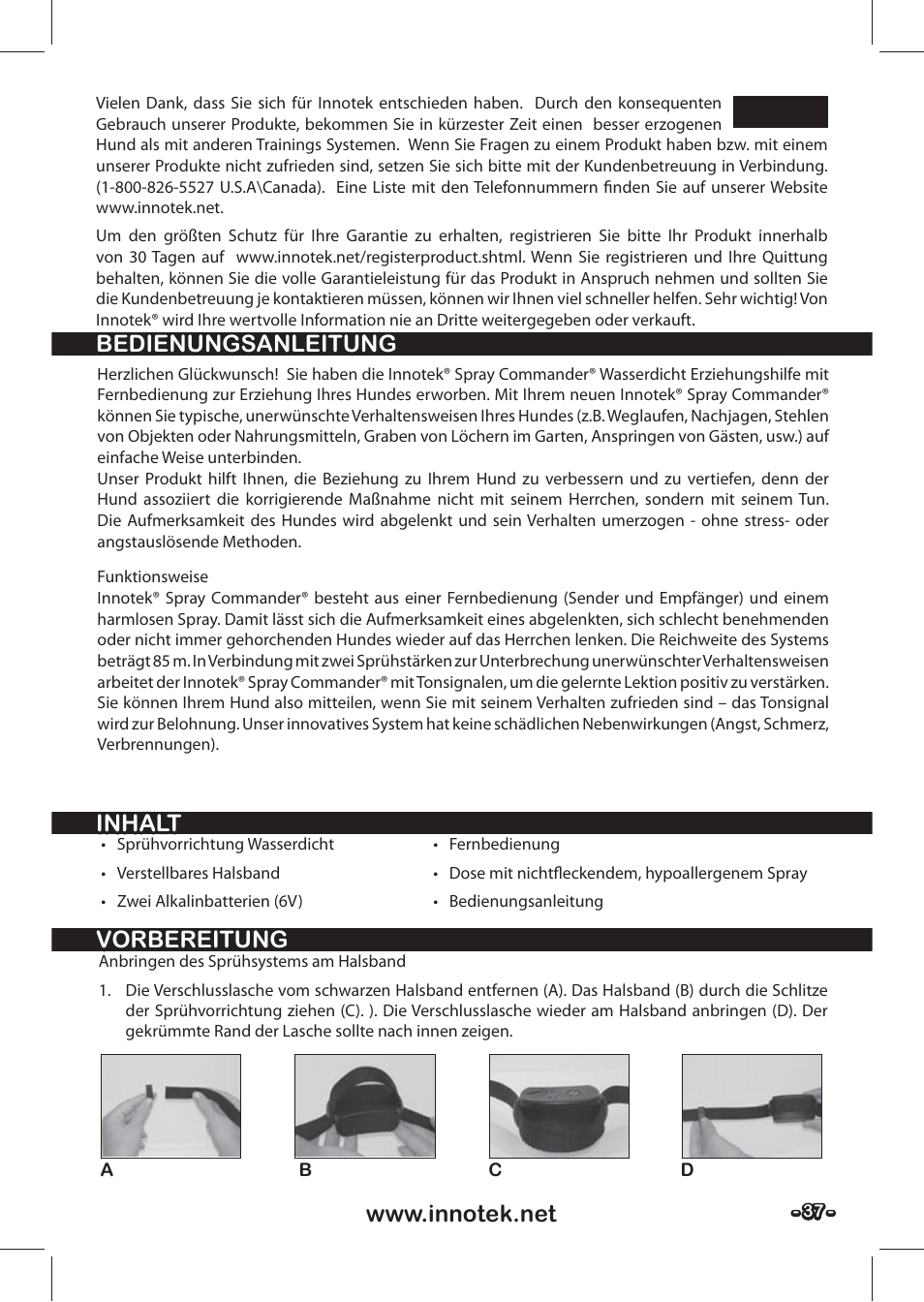 Deutsch, Bedienungsanleitung, Inhalt | Inhalt vorbereitung vorbereitung | Petsafe SPT-85 Spray Commander™, 85 m Basic Remote Spray Trainer User Manual | Page 37 / 48