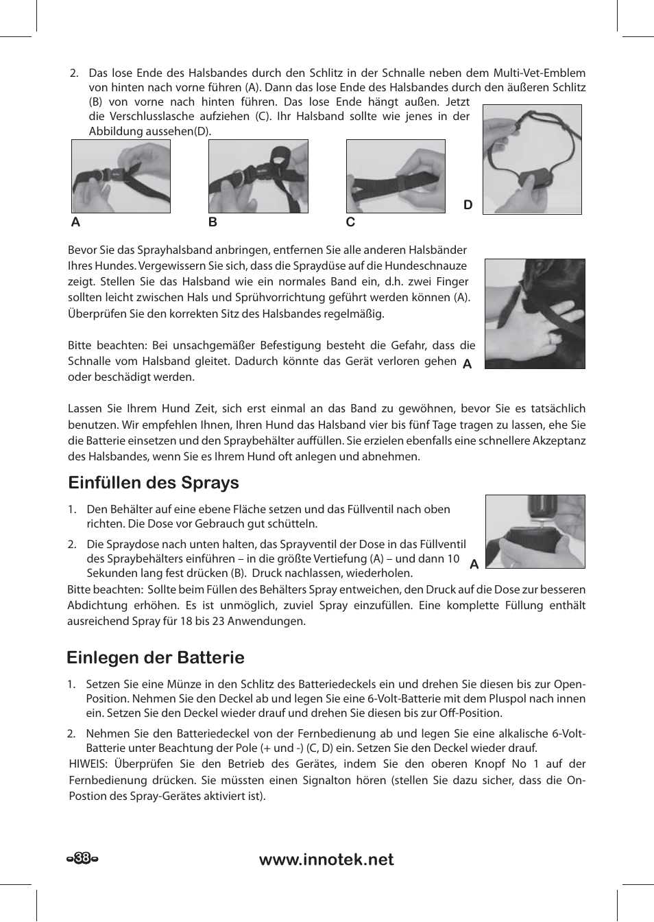 Einfüllen des sprays einlegen der batterie | Petsafe SPT-85 Spray Commander™, 85 m Basic Remote Spray Trainer User Manual | Page 38 / 48