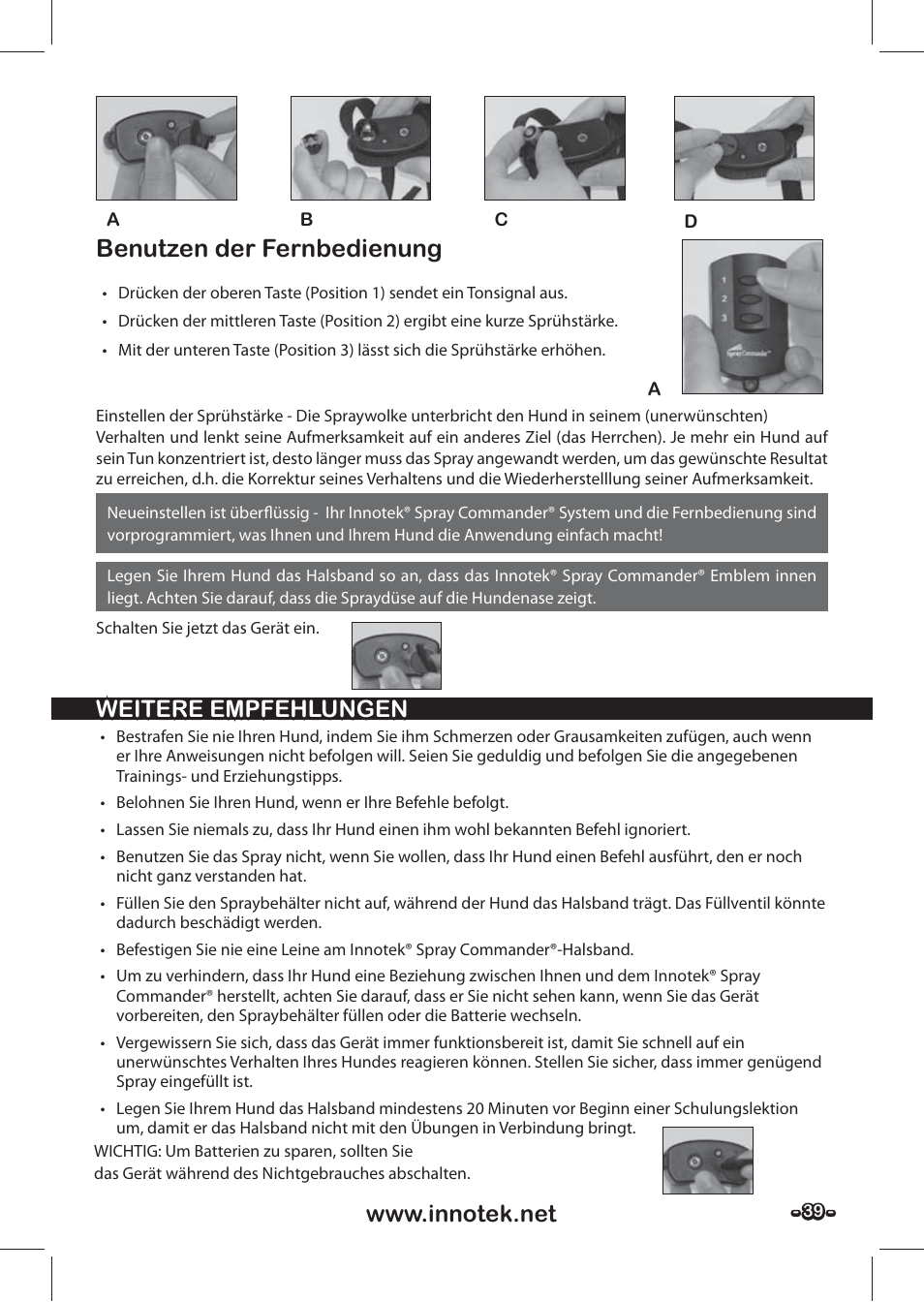 Benutzen der fernbedienung | Petsafe SPT-85 Spray Commander™, 85 m Basic Remote Spray Trainer User Manual | Page 39 / 48
