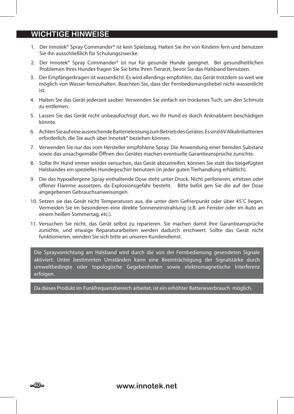 Petsafe SPT-85 Spray Commander™, 85 m Basic Remote Spray Trainer User Manual | Page 40 / 48
