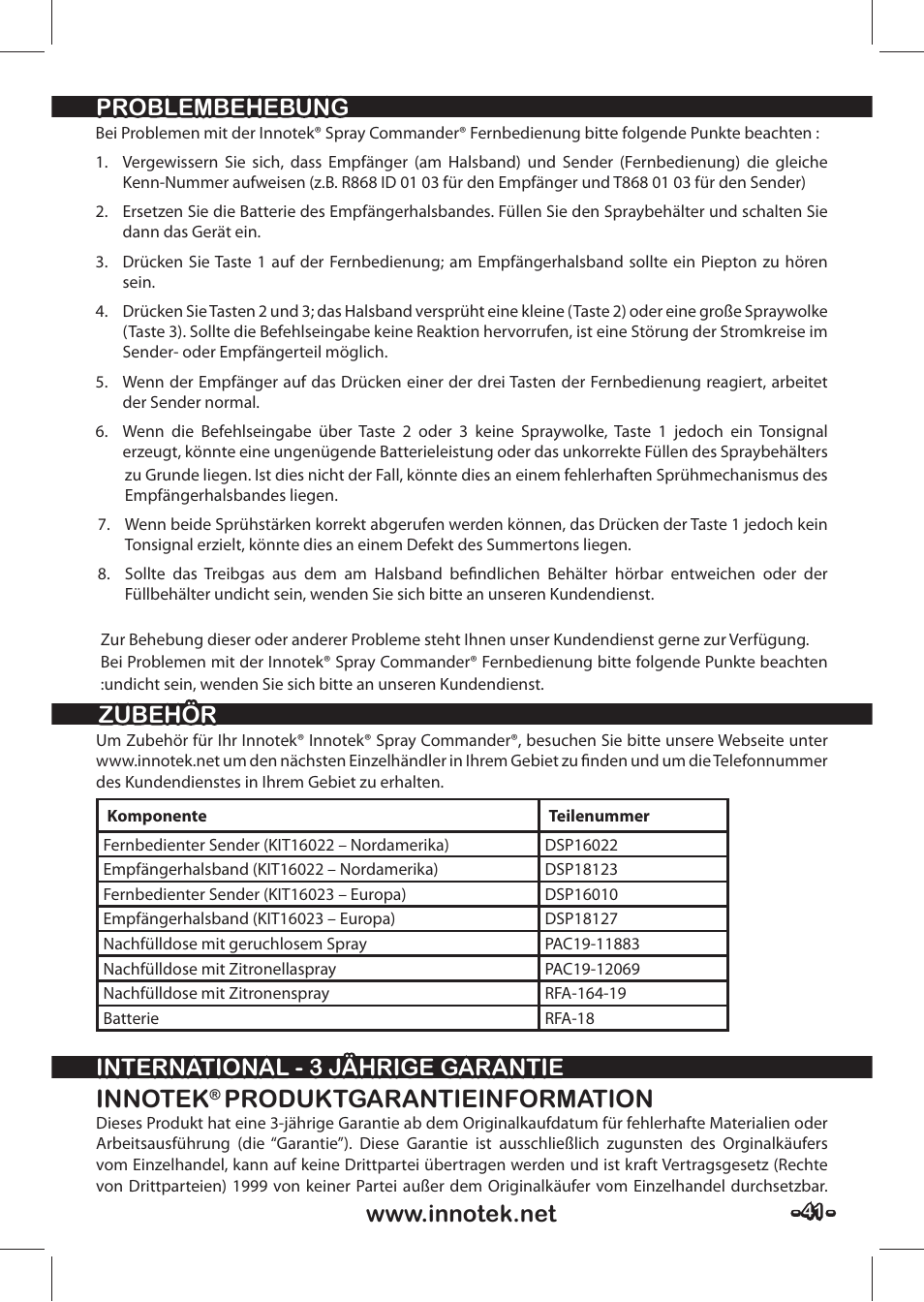 Produktgarantieinformation, International - 3 jährige garantie, Problembehebung | Problembehebung zubehör zubehör | Petsafe SPT-85 Spray Commander™, 85 m Basic Remote Spray Trainer User Manual | Page 41 / 48