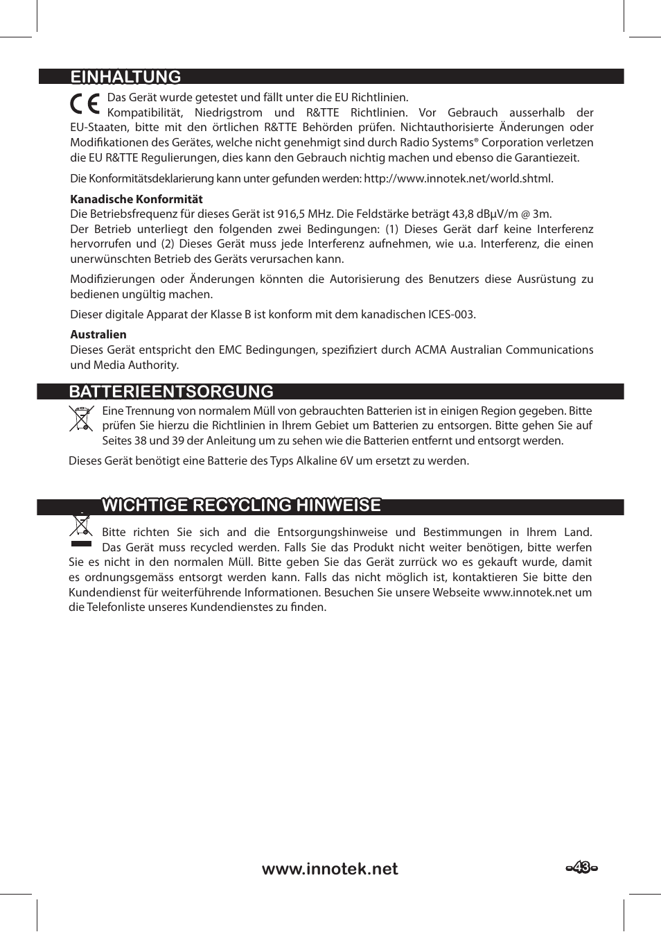 Batterieentsorgung | Petsafe SPT-85 Spray Commander™, 85 m Basic Remote Spray Trainer User Manual | Page 43 / 48