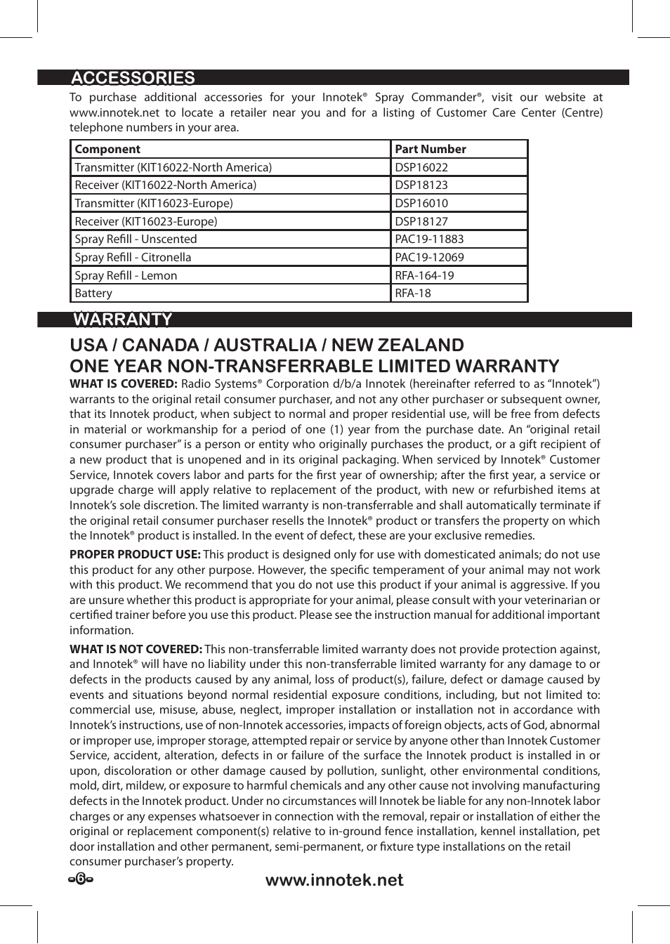 Petsafe SPT-85 Spray Commander™, 85 m Basic Remote Spray Trainer User Manual | Page 6 / 48