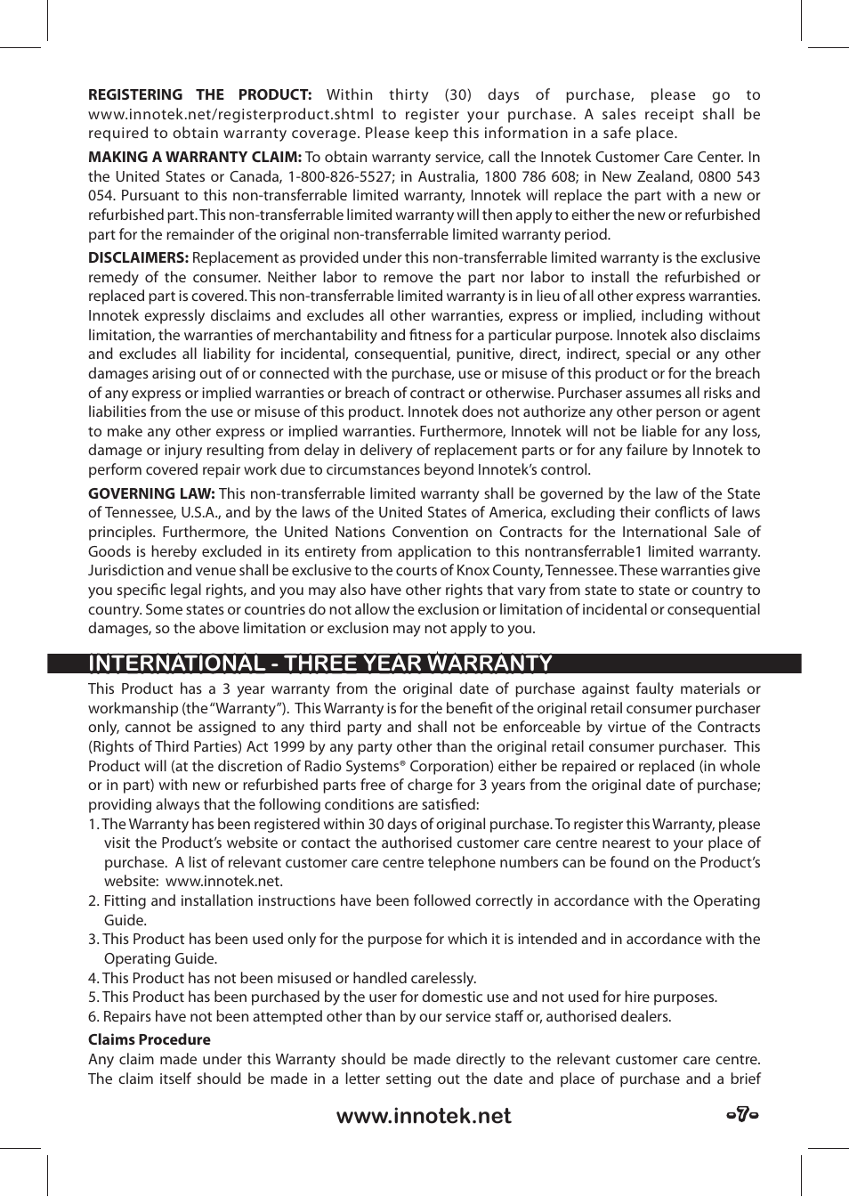 International - three year warranty | Petsafe SPT-85 Spray Commander™, 85 m Basic Remote Spray Trainer User Manual | Page 7 / 48