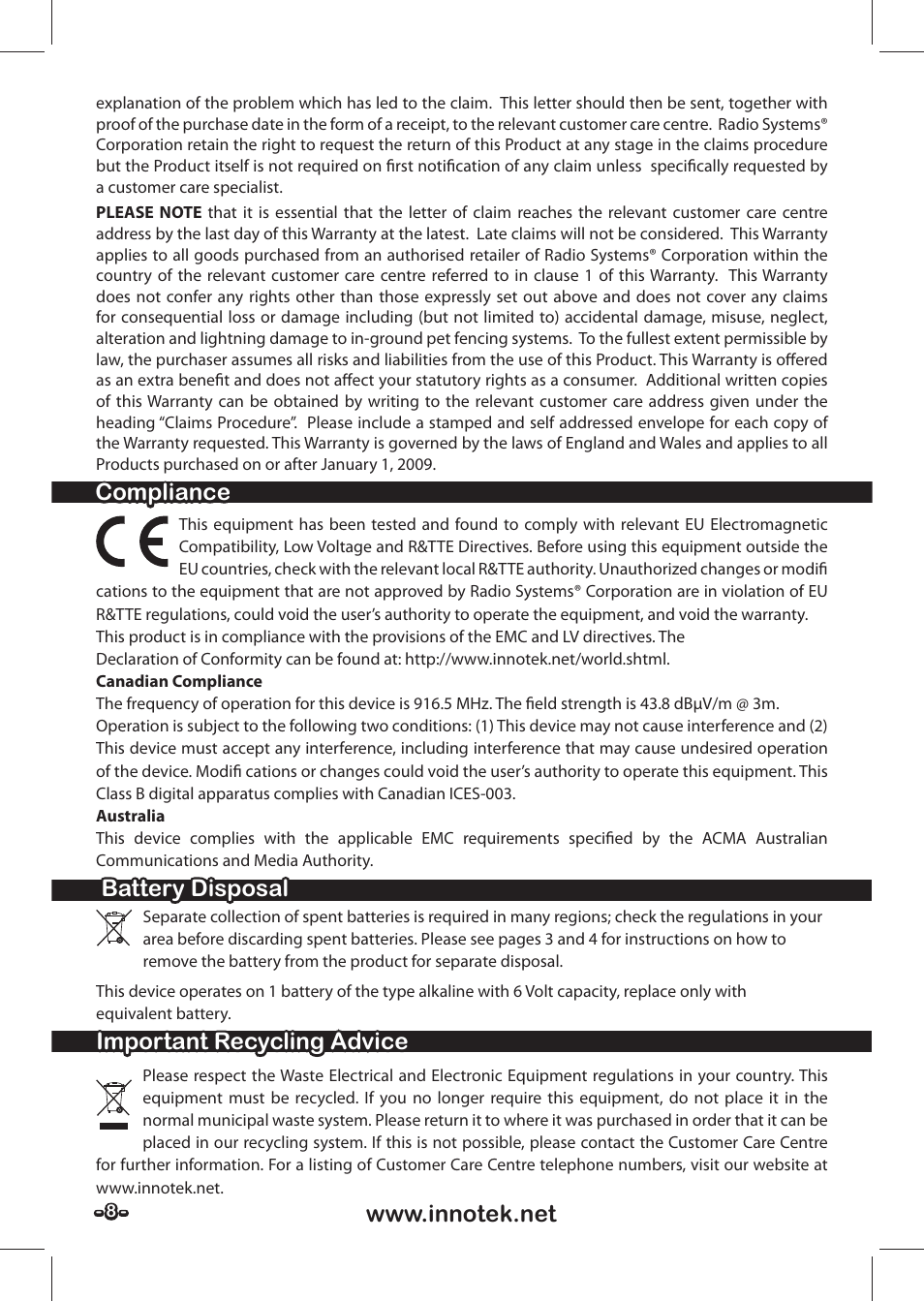 Compliance | Petsafe SPT-85 Spray Commander™, 85 m Basic Remote Spray Trainer User Manual | Page 8 / 48