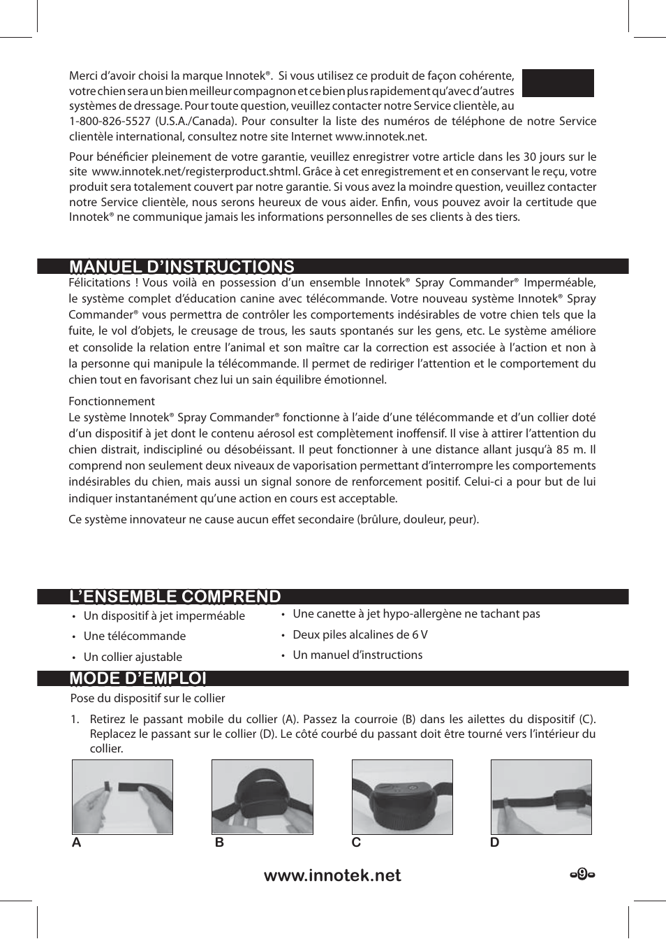 Français | Petsafe SPT-85 Spray Commander™, 85 m Basic Remote Spray Trainer User Manual | Page 9 / 48